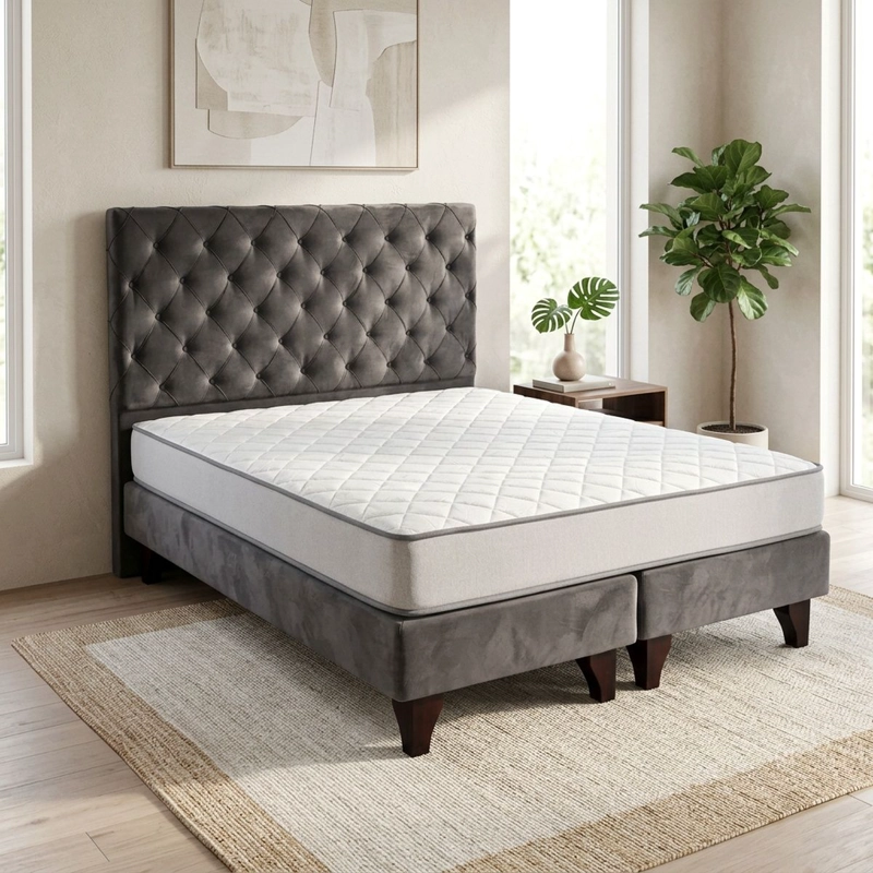 CAMA EUROPEA CON RESPALDO CAPITONE NISETH TELA FELPA COLOR GRIS 2 PLAZAS COLCHON 21 CM - 2