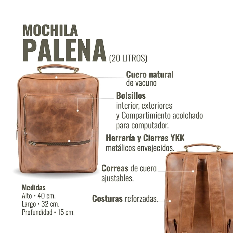 MOCHILA DE CUERO NATURAL PALENA OLKI - CAFE - 5