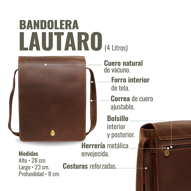 BANDOLERA BOLSO DE CUERO UNISEX LAUTARO OLKI - CAFE  OSCURO - 7