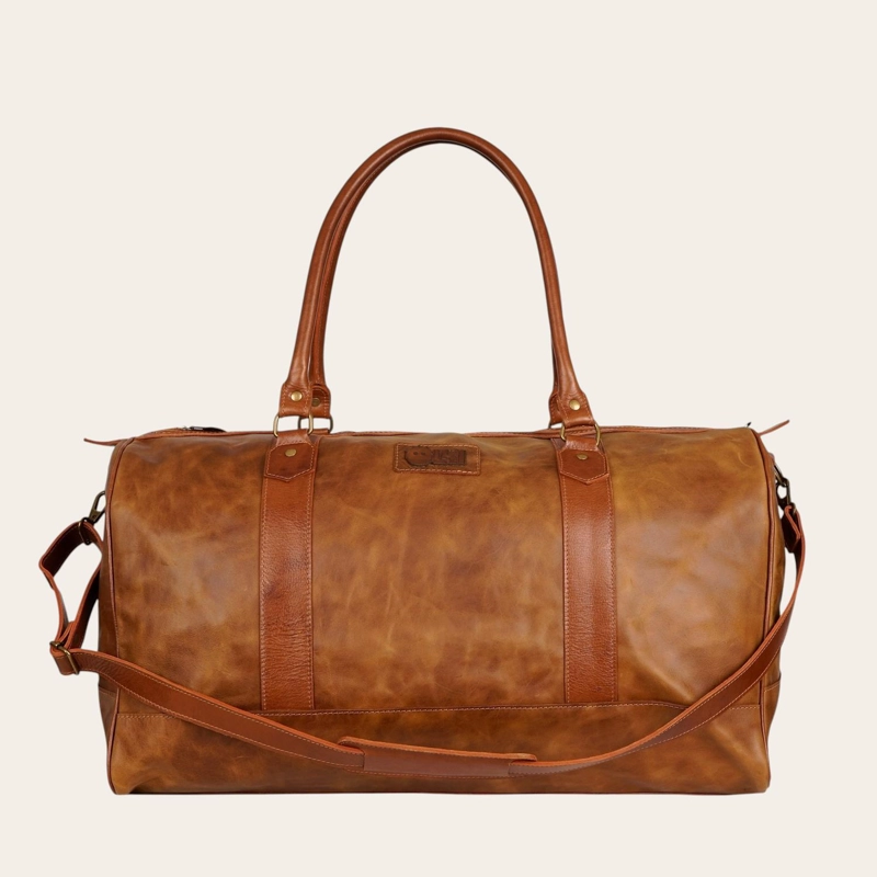 BOLSO DE VIAJE EN CUERO NATURAL FUTALEUFU OLKI - CAFE  APLICACION - 3