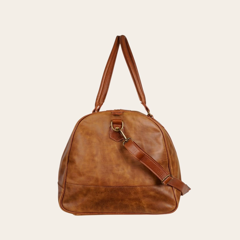 BOLSO DE VIAJE EN CUERO NATURAL FUTALEUFU OLKI - CAFE  APLICACION - 4
