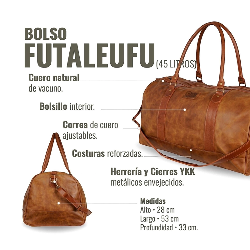 BOLSO DE VIAJE EN CUERO NATURAL FUTALEUFU OLKI - CAFE  APLICACION - 5
