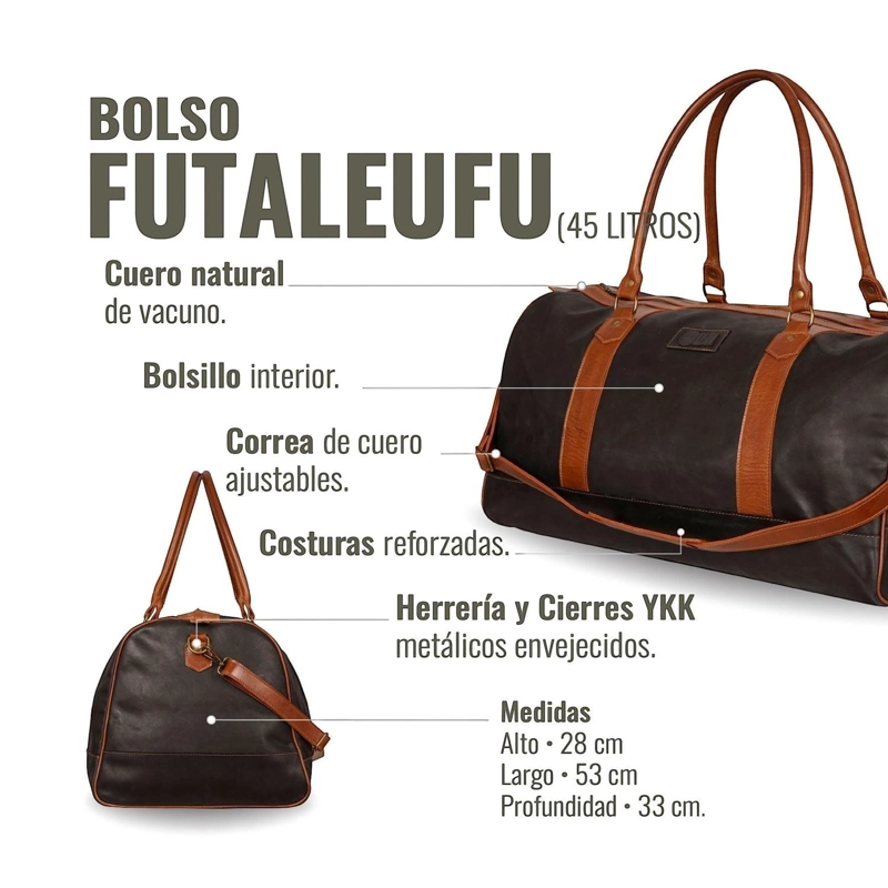 BOLSO DE VIAJE EN CUERO NATURAL FUTALEUFU OLKI - NEGRO APLICACION - 5