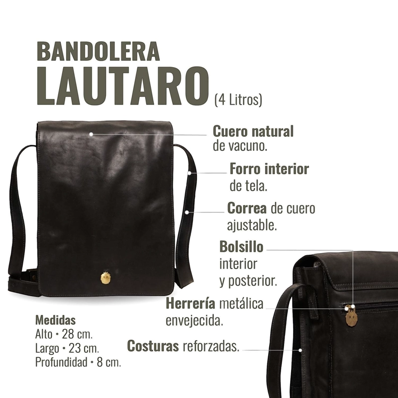 BANDOLERA BOLSO DE CUERO UNISEX LAUTARO OLKI - NEGRO - 7