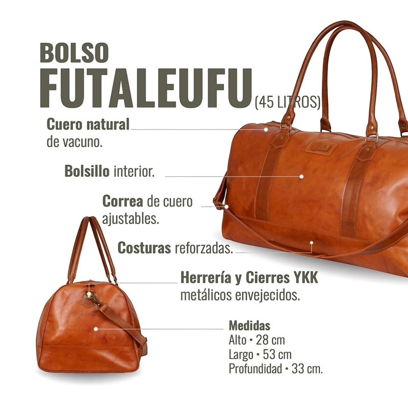 BOLSO DE VIAJE EN CUERO NATURAL FUTALEUFU OLKI - CURRY APLICACION - 5