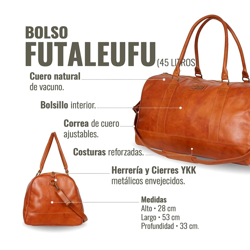 BOLSO DE VIAJE EN CUERO NATURAL FUTALEUFU OLKI - CURRY - 5