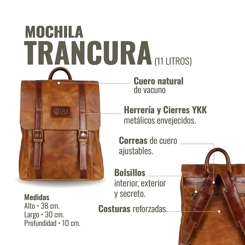 MOCHILA UNISEX DE CUERO NATURAL TRANCURA OLKI - CAFE - 5