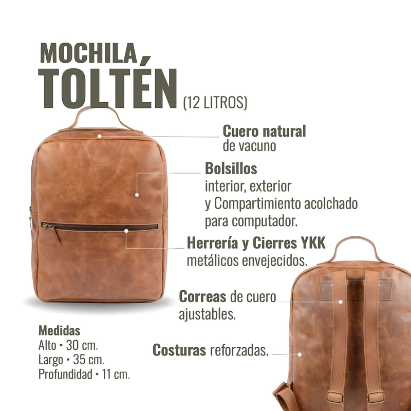 MOCHILA UNISEX DE CUERO NATURAL TOLTEN OLKI - CAFE - 5