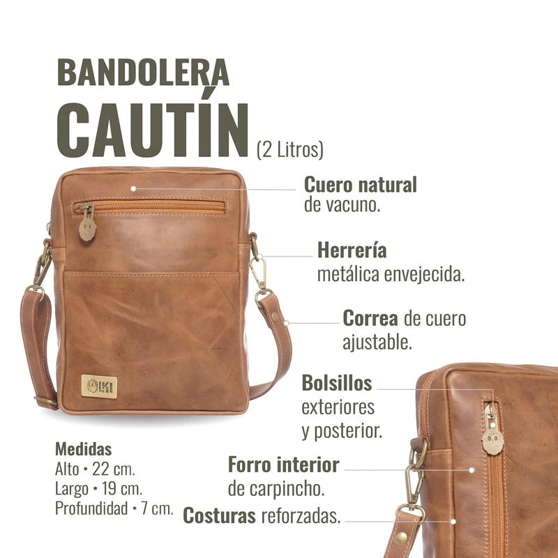 BANDOLERA DE CUERO NATURAL CAUTIN OLKI - CAFE - 7