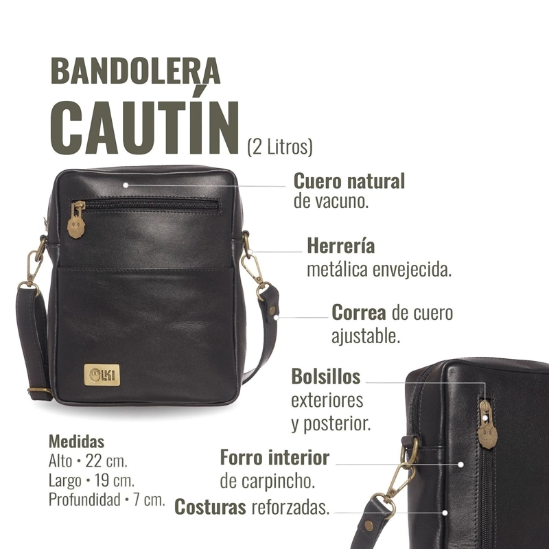 BANDOLERA DE CUERO NATURAL CAUTIN OLKI - NEGRO - 7