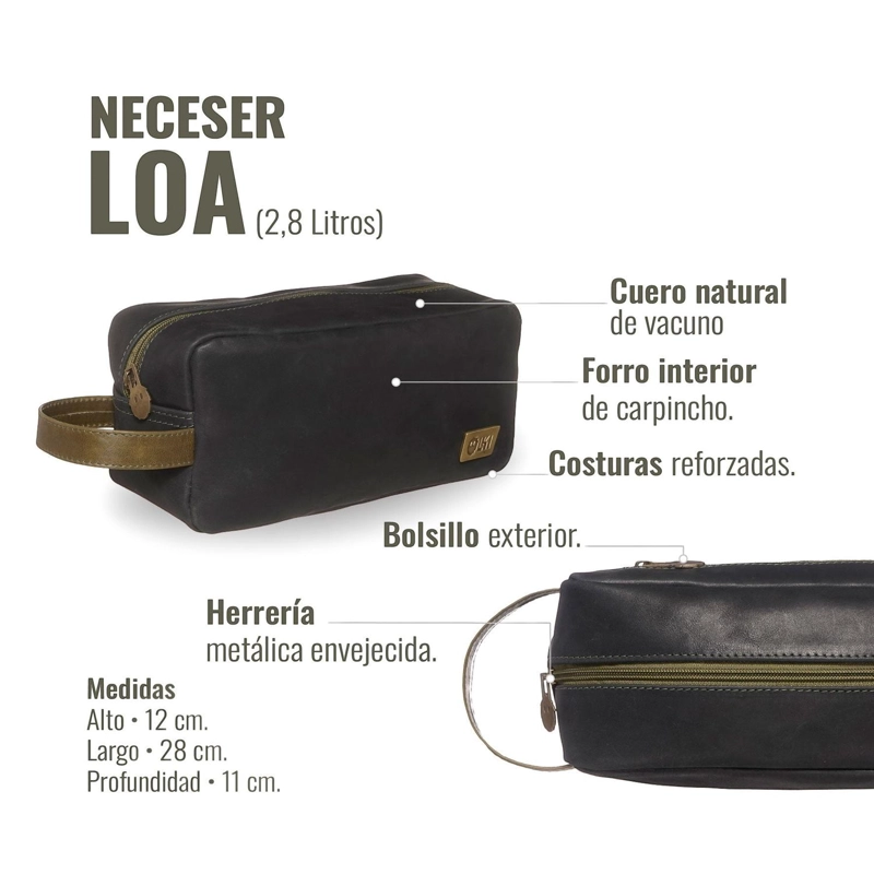 NECESER ESTUCHE DE CUERO UNISEX LOA OLKI - NEGRO CON VERDE - 7