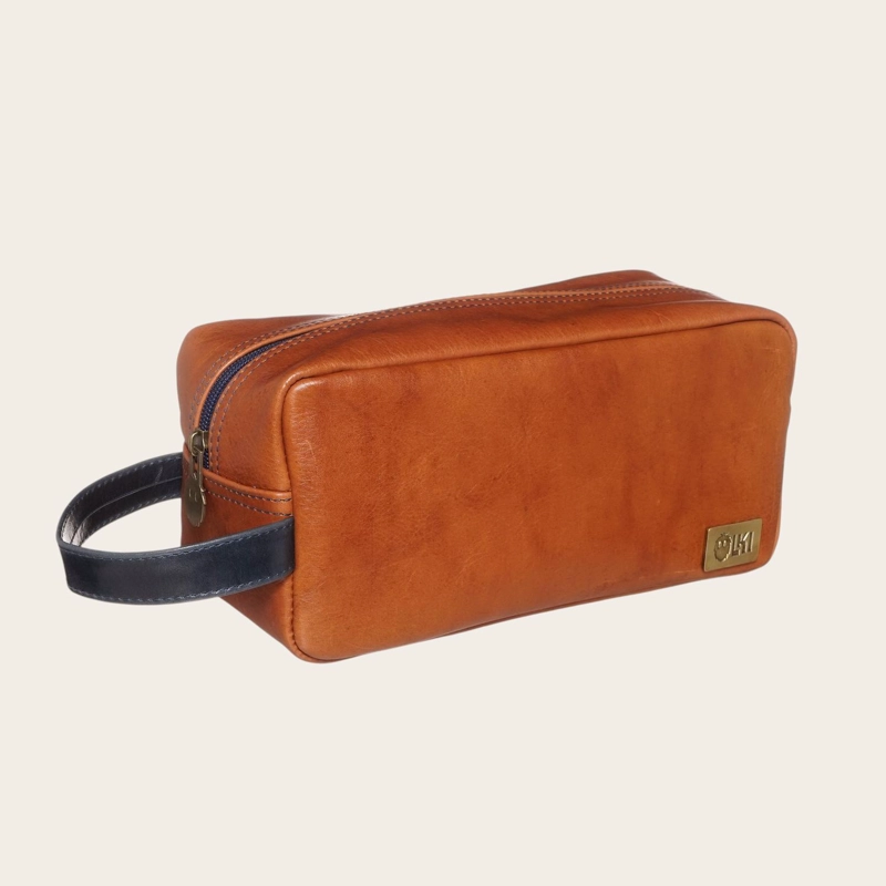 NECESER ESTUCHE DE CUERO UNISEX LOA OLKI - TOSTADO CON AZUL - 1
