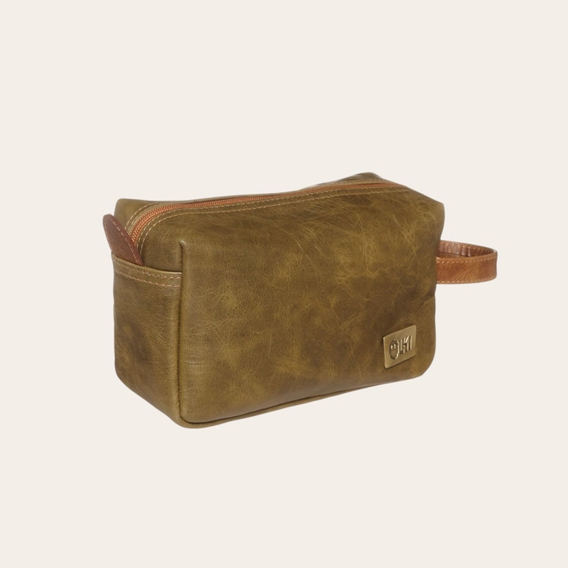 NECESER ESTUCHE DE CUERO GENUINO ELQUI OLKI - VERDE CON CARAMEL - 1