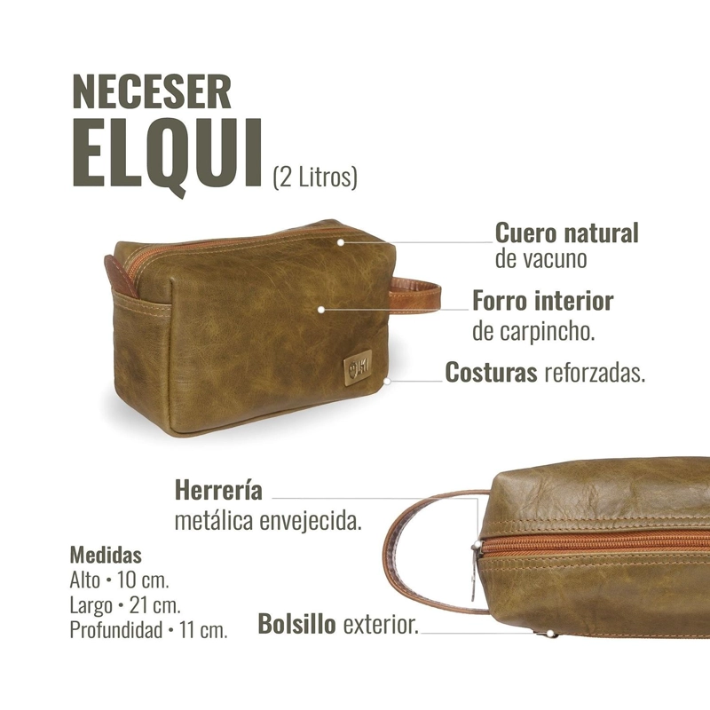 NECESER ESTUCHE DE CUERO GENUINO ELQUI OLKI - VERDE CON CARAMEL - 8