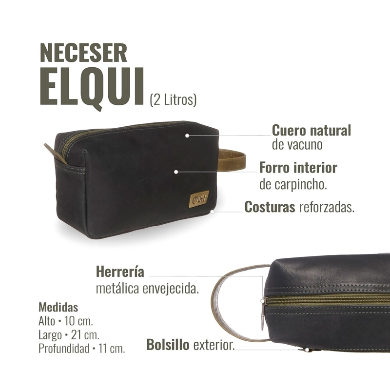 NECESER ESTUCHE DE CUERO GENUINO ELQUI OLKI - NEGRO CON VERDE - 8