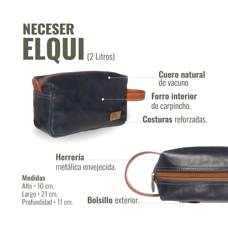 NECESER ESTUCHE DE CUERO GENUINO ELQUI OLKI - AZUL CON TOSTADO - 7