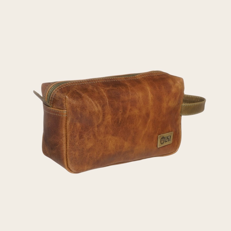 NECESER ESTUCHE DE CUERO GENUINO ELQUI OLKI - CARAMEL CON VERDE - 1