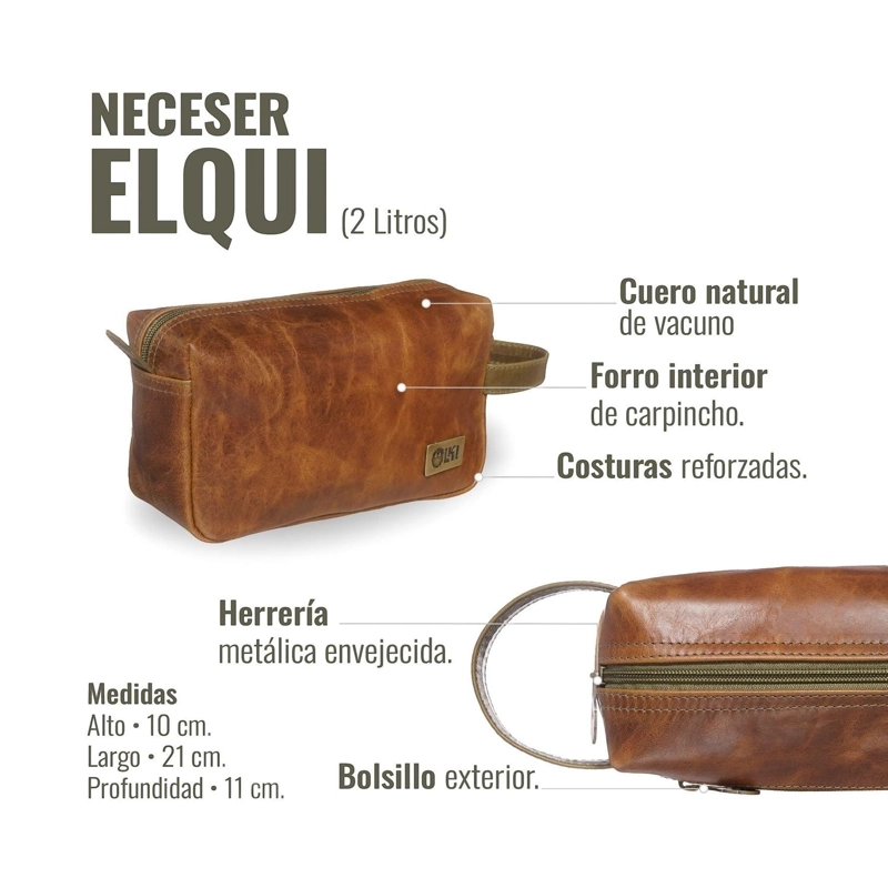 NECESER ESTUCHE DE CUERO GENUINO ELQUI OLKI - CARAMEL CON VERDE - 7