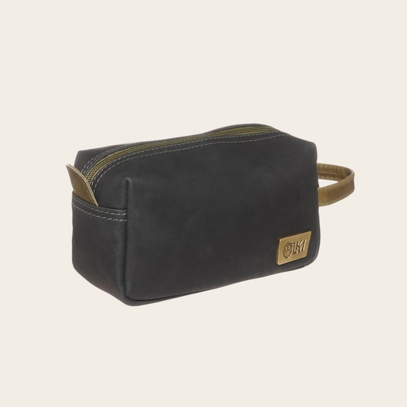 NECESER ESTUCHE DE CUERO NATURAL LLUTA OLKI - NEGRO CON VERDE - 1