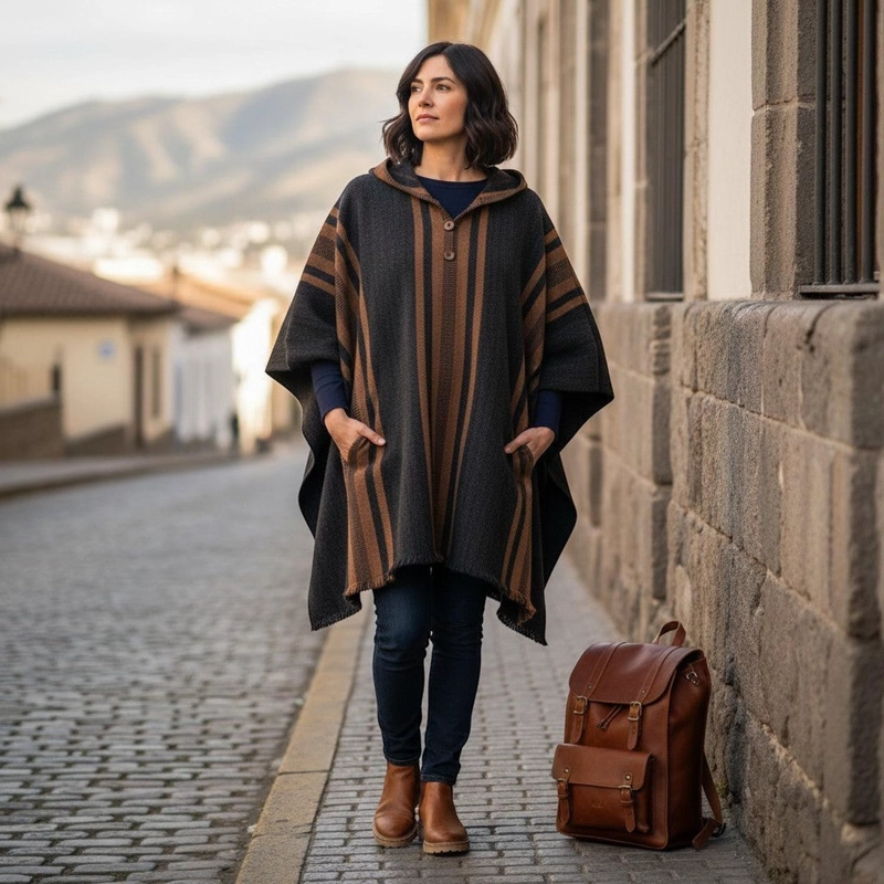 PONCHO CLASICO DE LANA PREMIUM OLKI - GRIS LISTADO - 2
