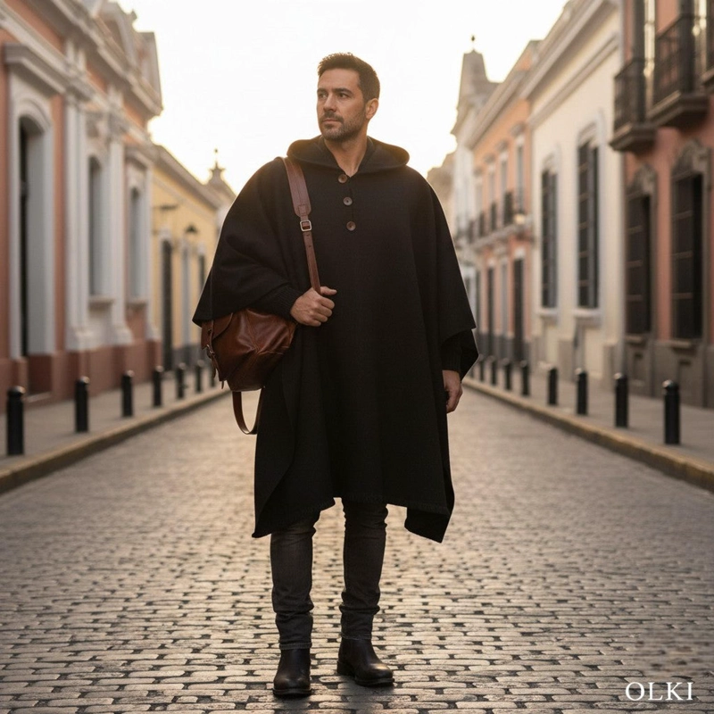 PONCHO CLASICO DE LANA PREMIUM OLKI - NEGRO - 2