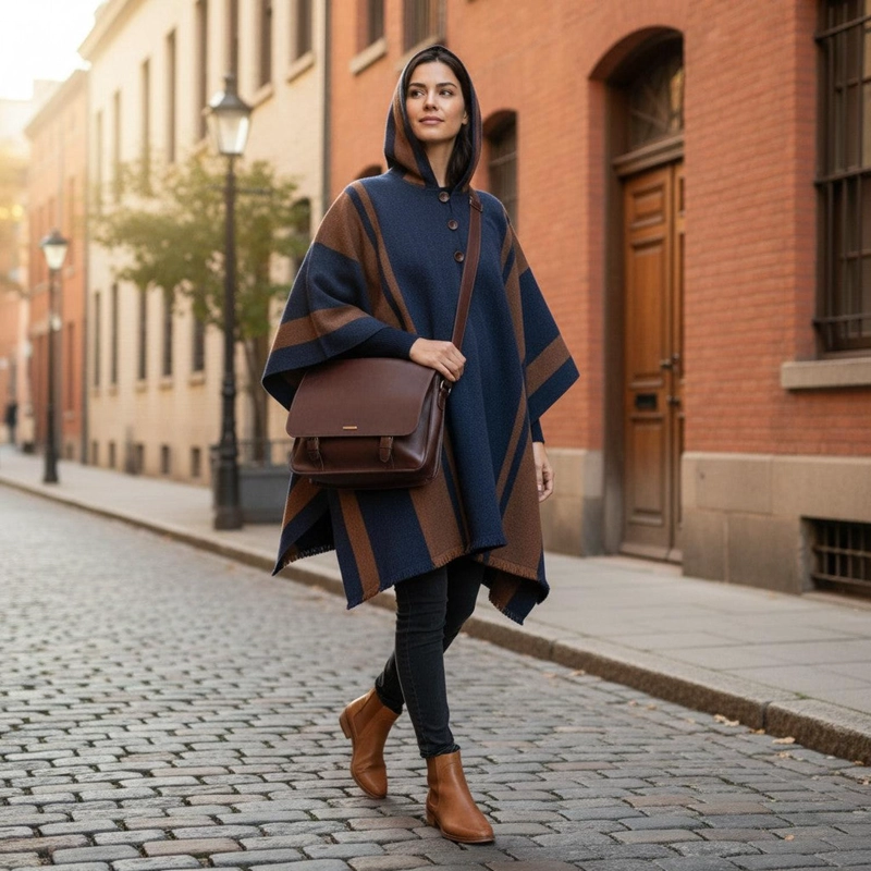 PONCHO CLASICO DE LANA PREMIUM OLKI - AZUL LISTADO - 2