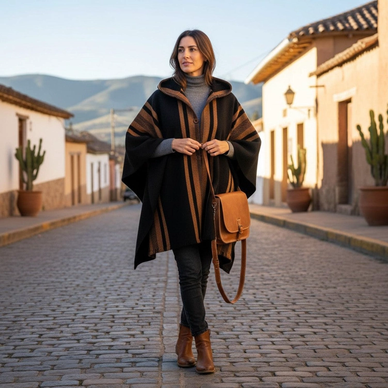PONCHO CLASICO DE LANA PREMIUM OLKI - NEGRO LISTADO - 2