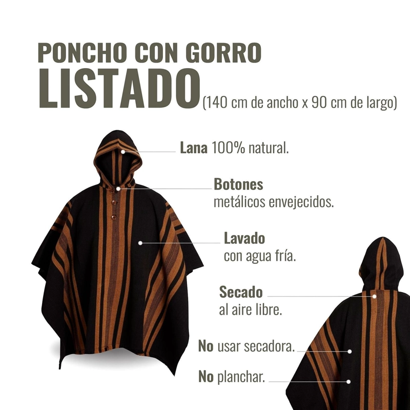 PONCHO CLASICO DE LANA PREMIUM OLKI - NEGRO LISTADO - 4