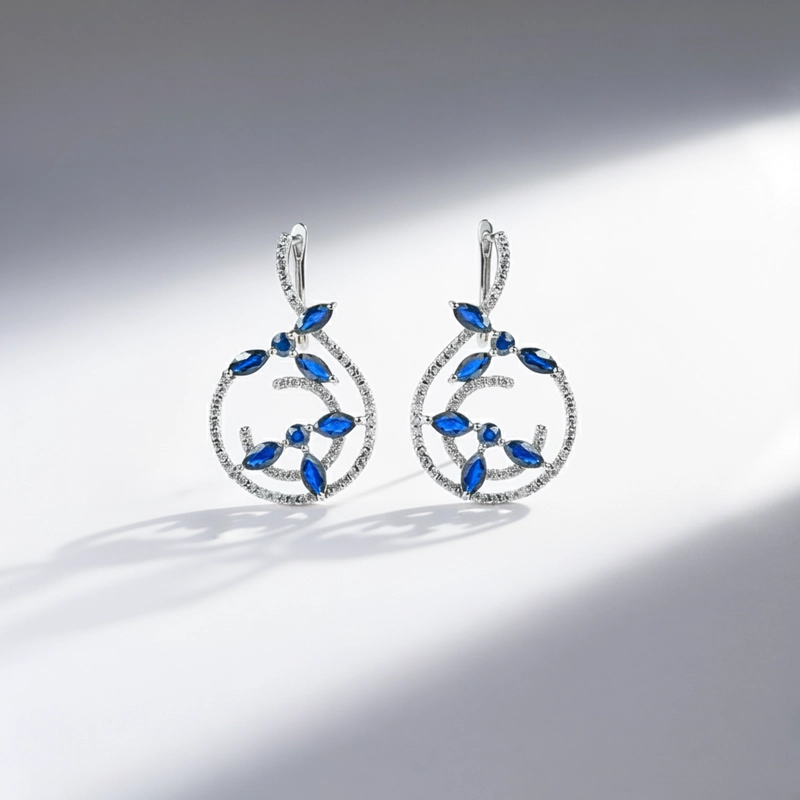 AROS DE ZAFIRO AZUL NATURAL CON DISEÑO Y CIRCONES - 3