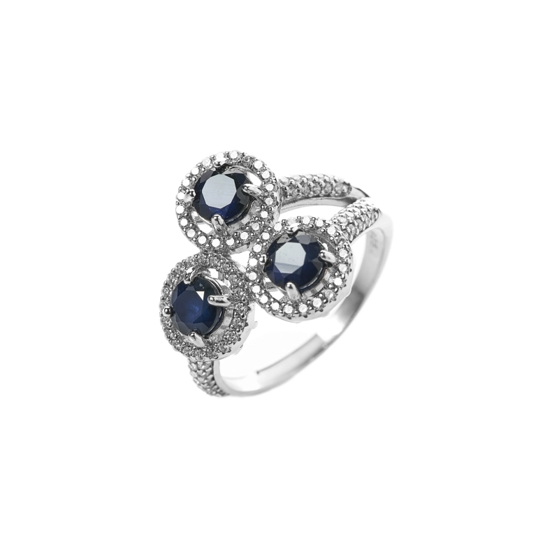 ANILLO TRES ZAFIROS NATURALES CON HALO  #17 - 1