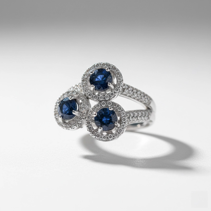 ANILLO TRES ZAFIROS NATURALES CON HALO  #17 - 2