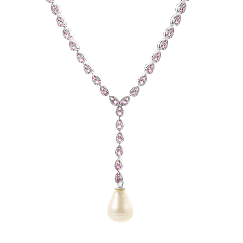 COLLAR DE RUBIES ESTILO TENIS EN V CON PERLA - 1