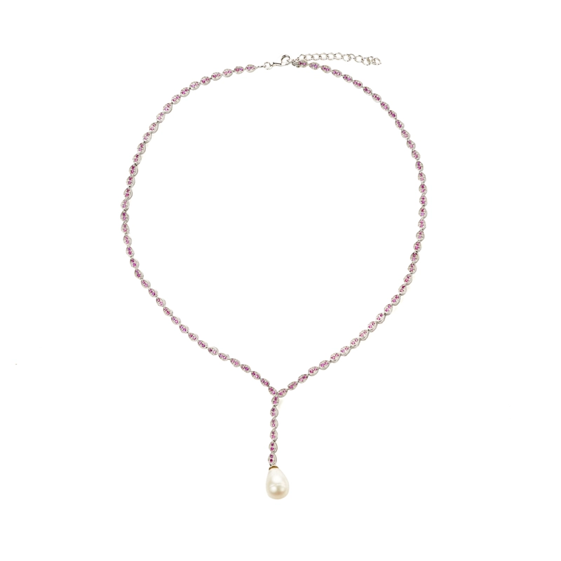 COLLAR DE RUBIES ESTILO TENIS EN V CON PERLA - 2