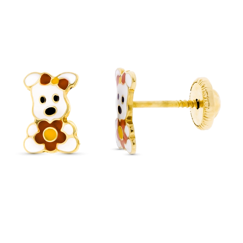 AROS 18KT  PERRITO CON FLOR ESMALTE BLANCO Y ROJO - 1