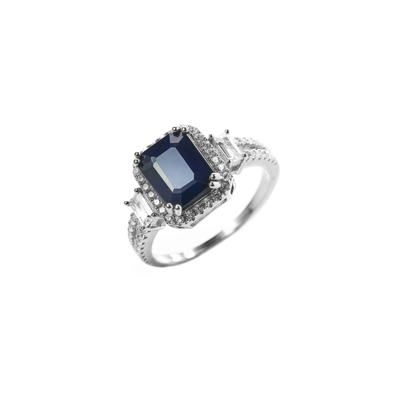 ANILLO ZAFIRO NATURAL CORTE ESMERALDA CON BAGUETTES #17 - 1