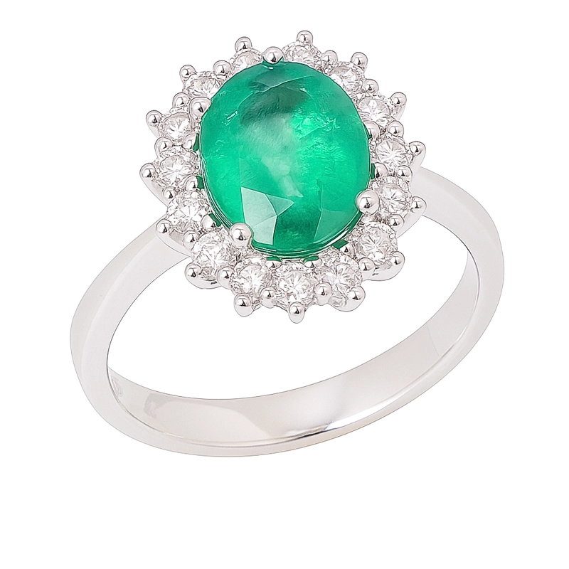 ANILLO ORO BLANCO 18K ESMERALDA ROSETA 1.60CT + 0.52CT #14 - 1