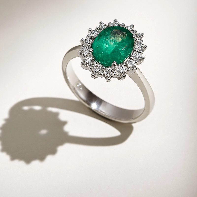 ANILLO ORO BLANCO 18K ESMERALDA ROSETA 1.60CT + 0.52CT #14 - 2