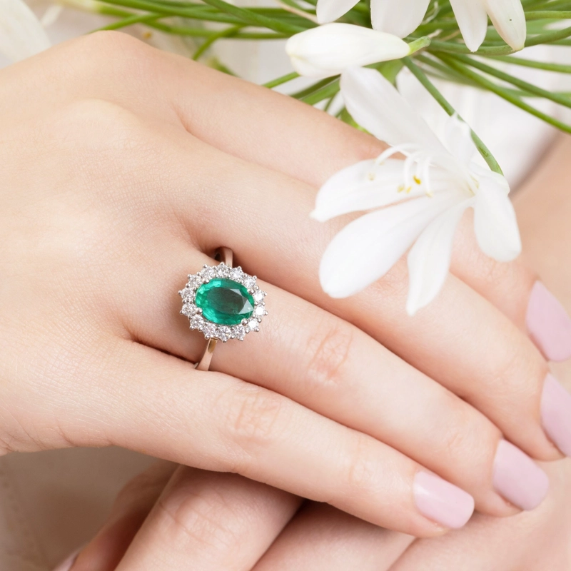ANILLO ORO BLANCO 18K ESMERALDA ROSETA 1.60CT + 0.52CT #14 - 3