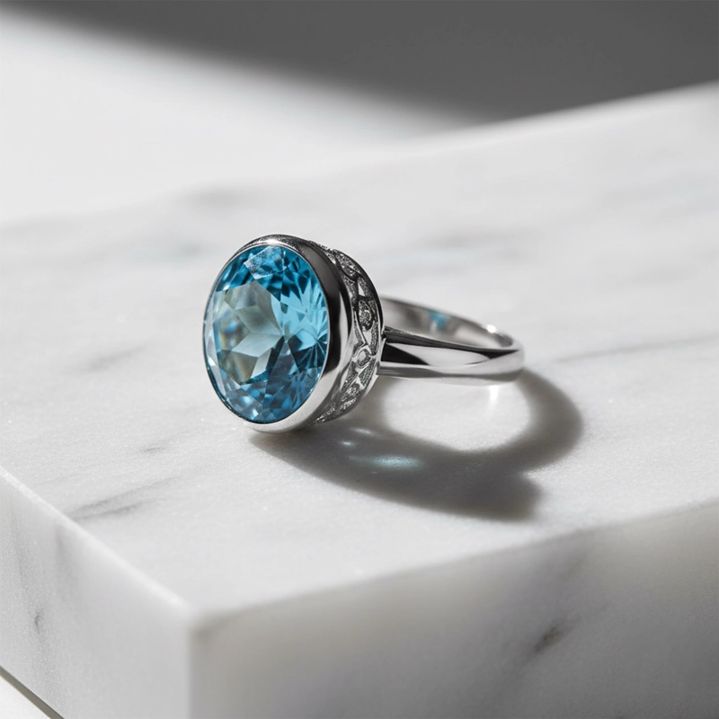 ANILLO TOPACIO AZUL REDONDO EN BISEL #14 - 2