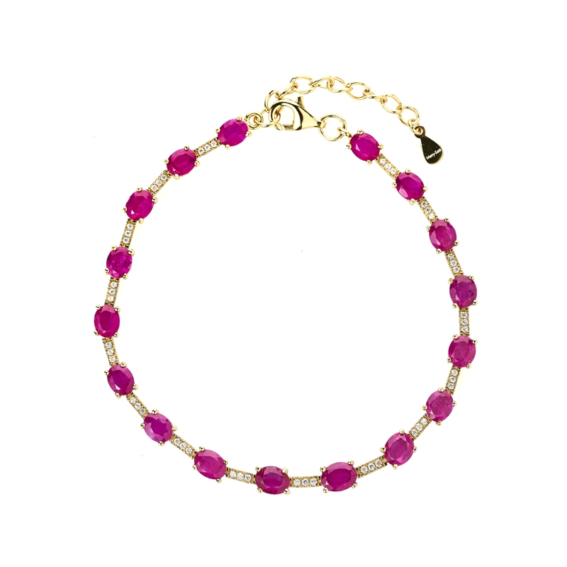 PULSERA DE RUBIES NATURALES OVALADOS ESTILO TENIS DORADA