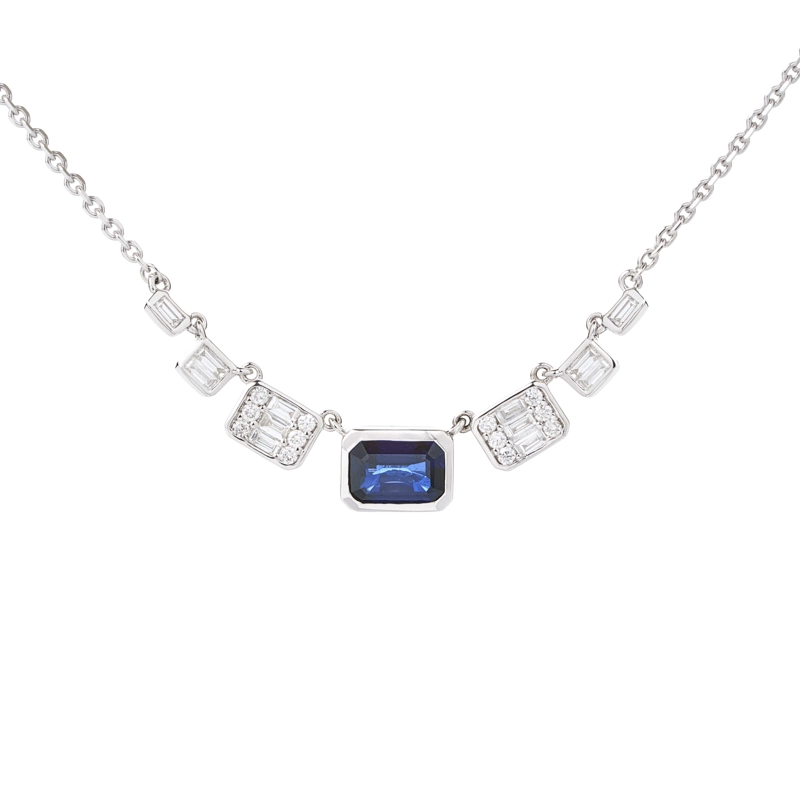 COLLAR DIAMANTES ZAFIRO CENTRAL ORO BLANCO 18 KT