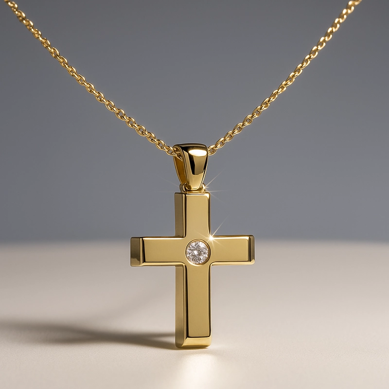 COLLAR CRUZ CON DIAMANTE CENTRAL ORO - 2