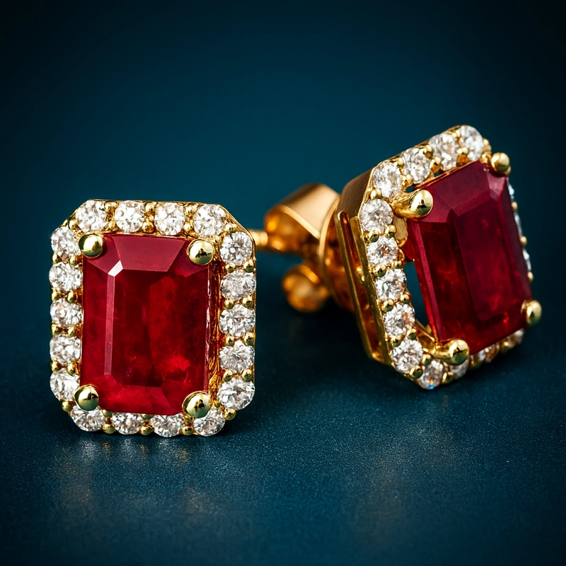 AROS RUBI Y DIAMANTES EN ORO AMARILLO 18 KT - 2