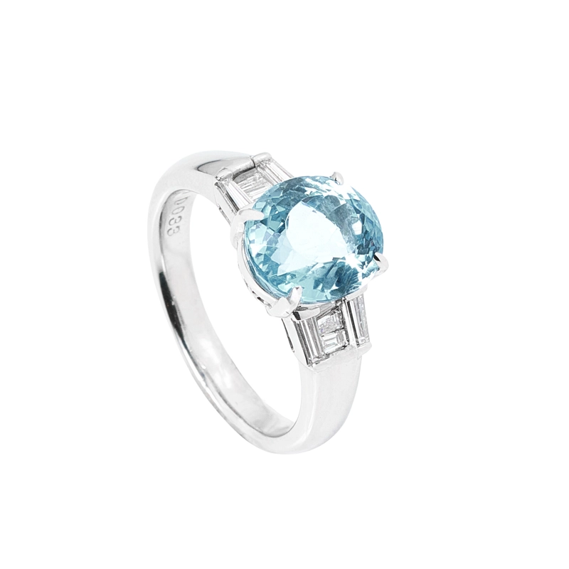 ANILLO PLATINO CON AGUAMARINA Y BAGUETTE TALLA 11 - 1