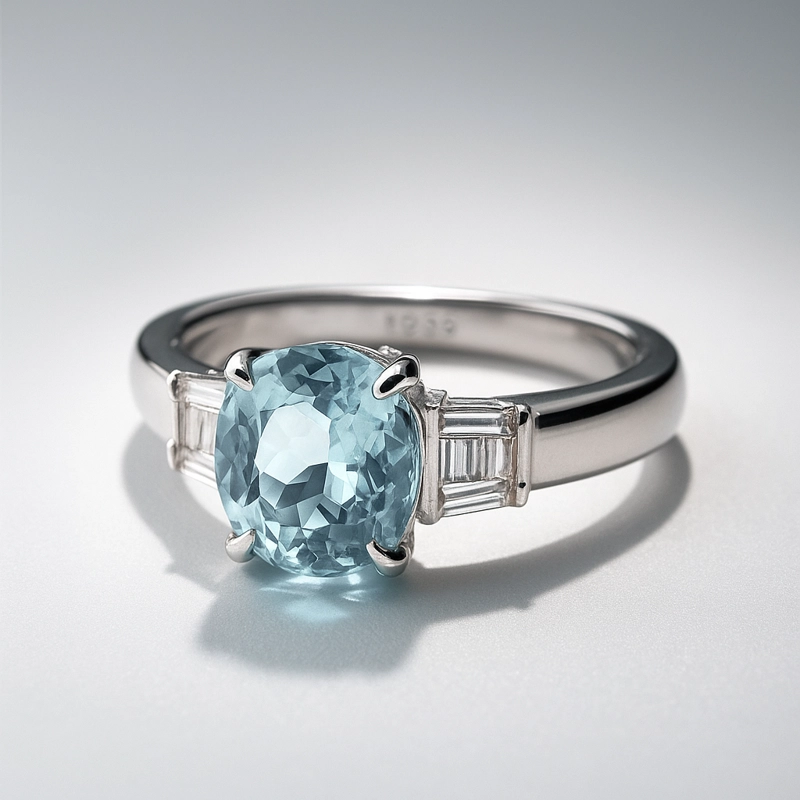 ANILLO PLATINO CON AGUAMARINA Y BAGUETTE TALLA 11 - 2