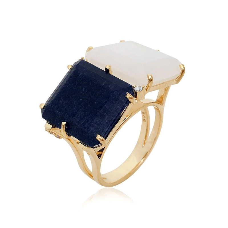 ANILLO VIANNA VERMEIL OPALO BLANCO CUARZO AZUL #14 - 1