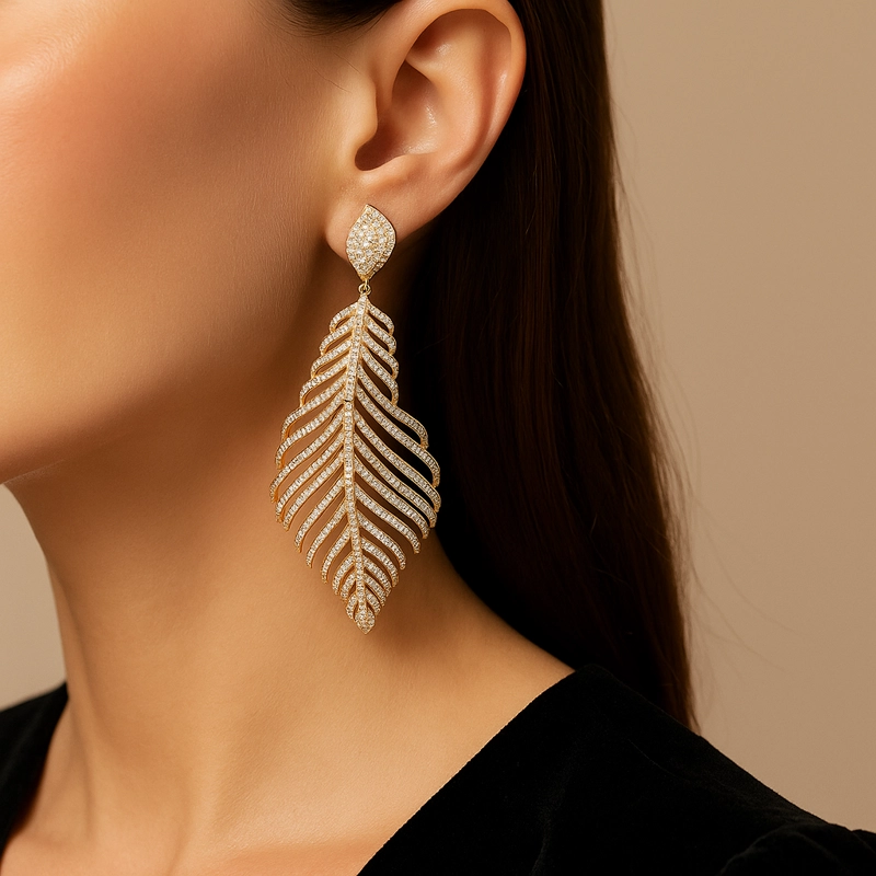 AROS PLUMA CIRCON PLATA DORADA - 3