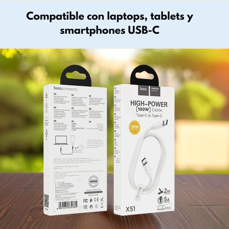 CABLE HOCO X51 TIPO C A TIPO C 100W 2M CARGA RAPIDA - BLANCO - 3