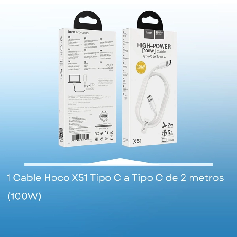 CABLE HOCO X51 TIPO C A TIPO C 100W 2M CARGA RAPIDA - BLANCO - 7