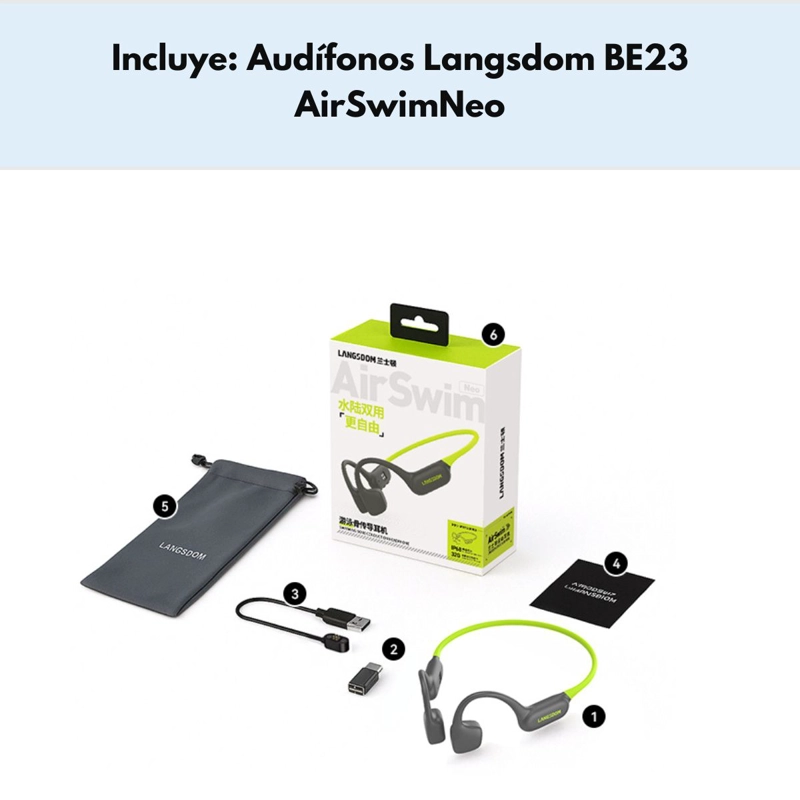 AUDIFONOS DEPORTIVOS IMPERMEABLES IP68 LANGSDOM AIRSWIM NEO - 9